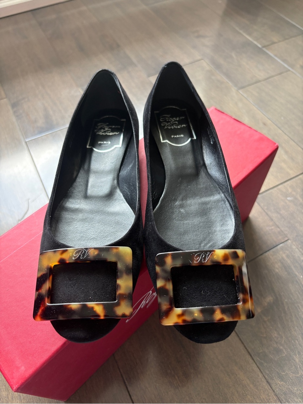 Roger Vivier Black Suede Flats with Tortoiseshell Buckle